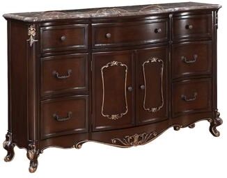 Benjara Cona French Dresser, Marble Top, Royal Cherry Brown with Gold Accent