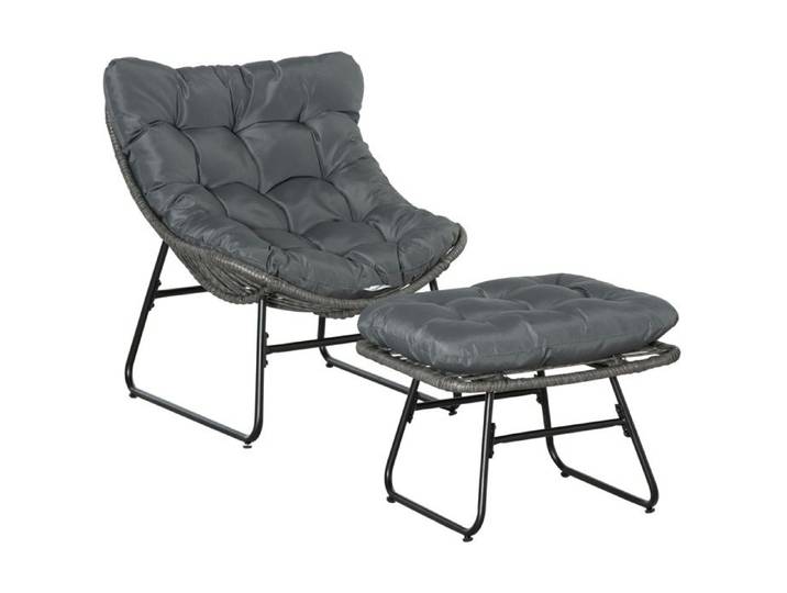 Fauteuil relax rotin avec repose-pieds – Coussins épais amovibles acier – Pour jardin terrasse et cour – Gris