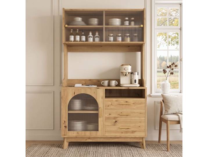 Armoire Cuisine 178cm-Buffet Vaisselier Haut avec Portes Vitrées-Meuble Cuisine avec plans de travail-Étagère réglable-coloris bois