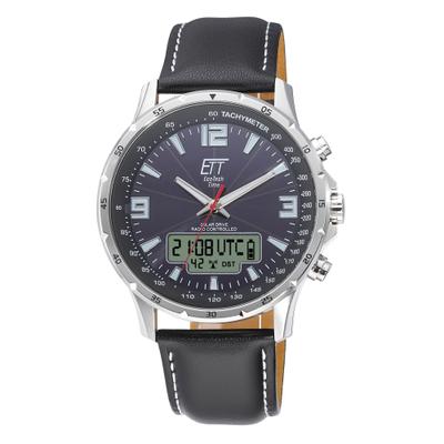 Funk-Multifunktionsuhr ETT "Professional WorldTimer", schwarz (schwarz, schwarz), Armbanduhren, Herren, silberfarben, Armbanduhr, Solar, Herrenuhr, Lederarmband, analog, digital, Tag