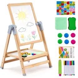 VEVOR Kunststaffelei für Kinder, 2-in-1-Kunststaffelei aus Holz, doppelseitig, mit magnetischem Whiteboard und Kreidetafel, verstellbares, stehendes, drehbares, faltbares Zeichenbrett mit Malzubehör für Jungen und Mädchen