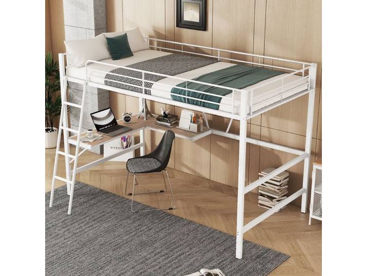 Lit surélevé 90x200cm Cadre de lit en métal lit en fer lit surélevé avec bureau en L et une étagère pour enfants adolescents et