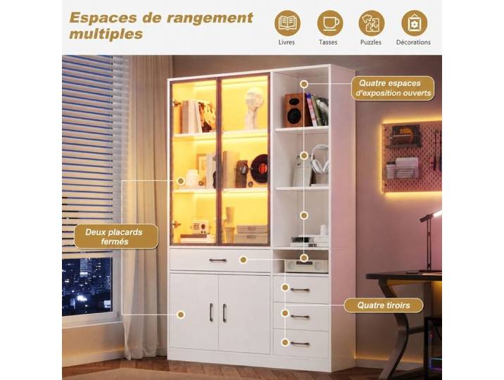 Vitrine blanche avec éclairage led Bibliothèque haute 200cm 13 compartiments 4 portes 4 tiroirs 120x35x200cm Blanc