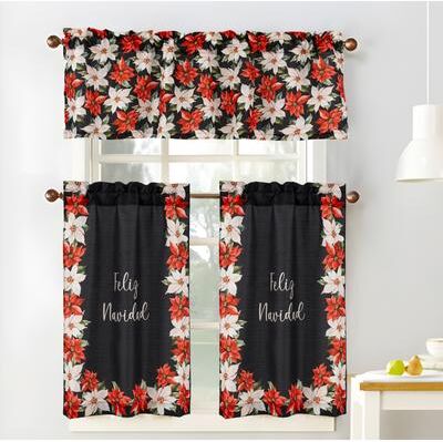 RT Designer Collection Poinsettia Feliz Navidad Christmas Holiday Kitchen Curtain - Black