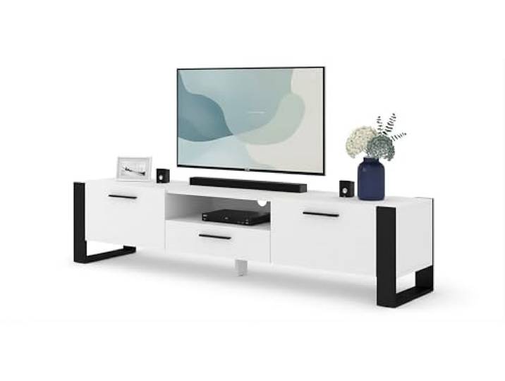 BIM Furniture TV Lowboard Nuka - 200x43x48 cm Stehend Wohnzimmermöbel, Grifflose Fronten, 3 Türen, offenes Fach, Kabeldurchführung Stauraum TV Möbel für TV bis 60 Zoll, Weiß
