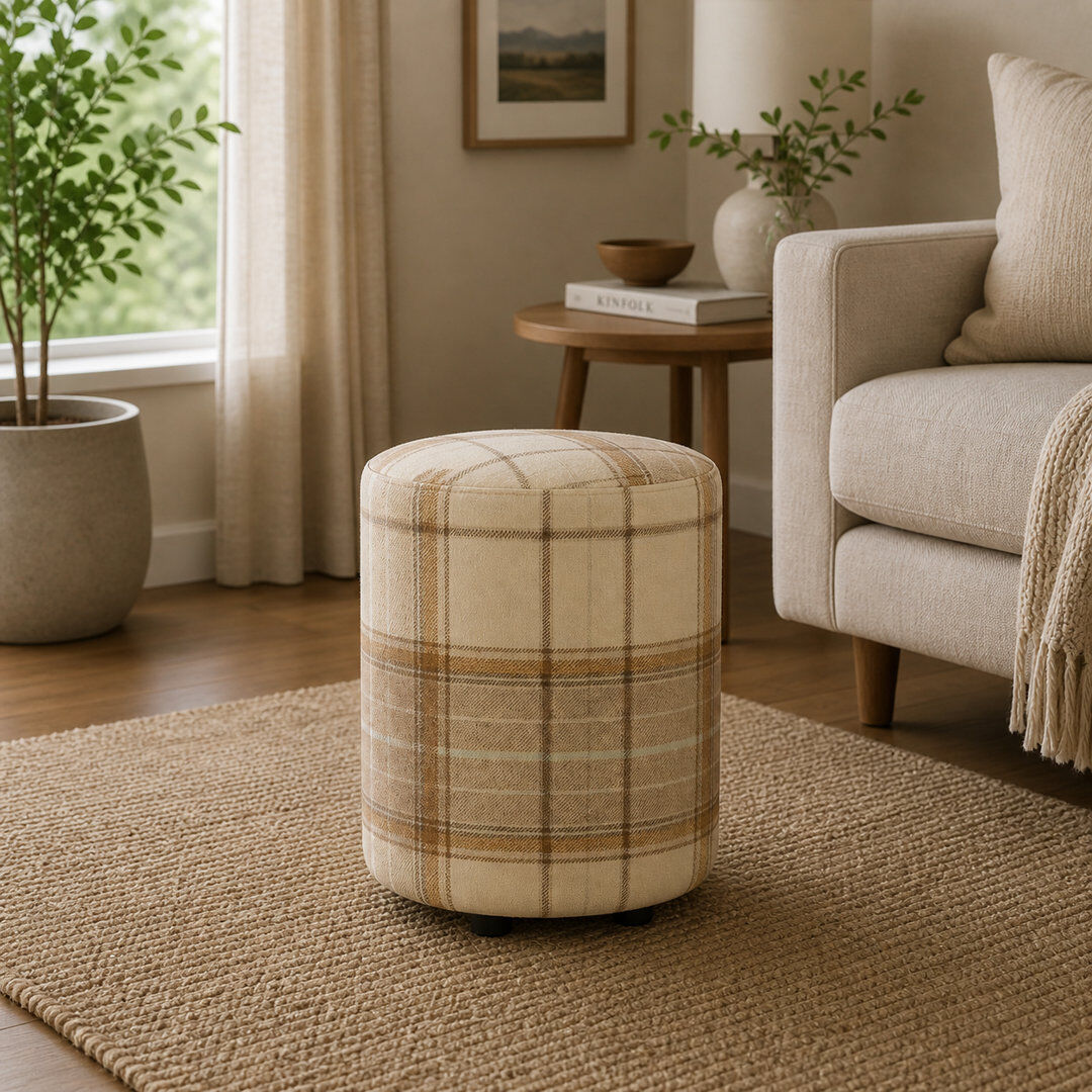 Brambly Cottage Tartan Fabric Round Stools Tartan Natural Cream 43cm H X 36cm W X 36cm D