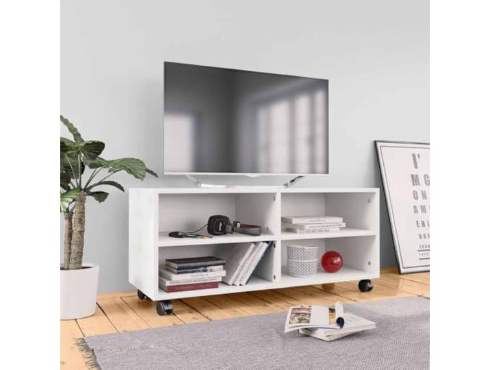 HEFZGDB TV-Schrank mit Rollen Weiß 90x35x35 cm Holzwerkstoff, 4 offene Fächer und 6 Rollen für Multimedia-Geräte, robuster Aufbewahrungsschrank mit praktischem Design und einfacher
