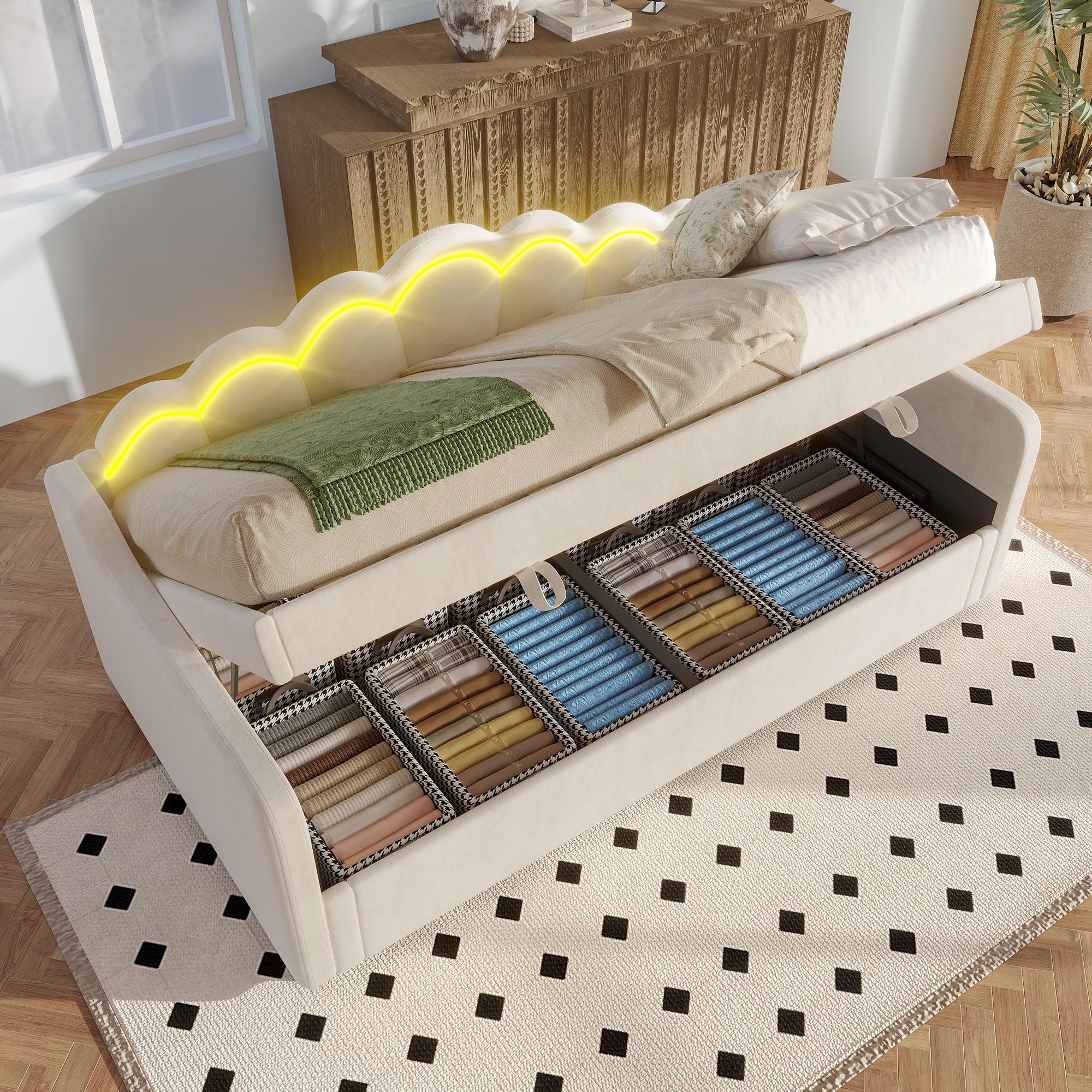 Sweiko Tagesbett, Schlafsofa, Hydraulisch Bett, Mit Stauraum, Einzelbett (Ohne Matratze), Samt, Farbwechselbarer LED-Streifen, 90x200cm, Beige