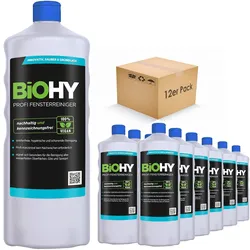 BiOHY Profi Fensterreiniger (12x1l Flasche) | Konzentrat, ideal für alle FENSTERSAUGER | Streifenfreie Reinigung von Glas-, Fensterflächen