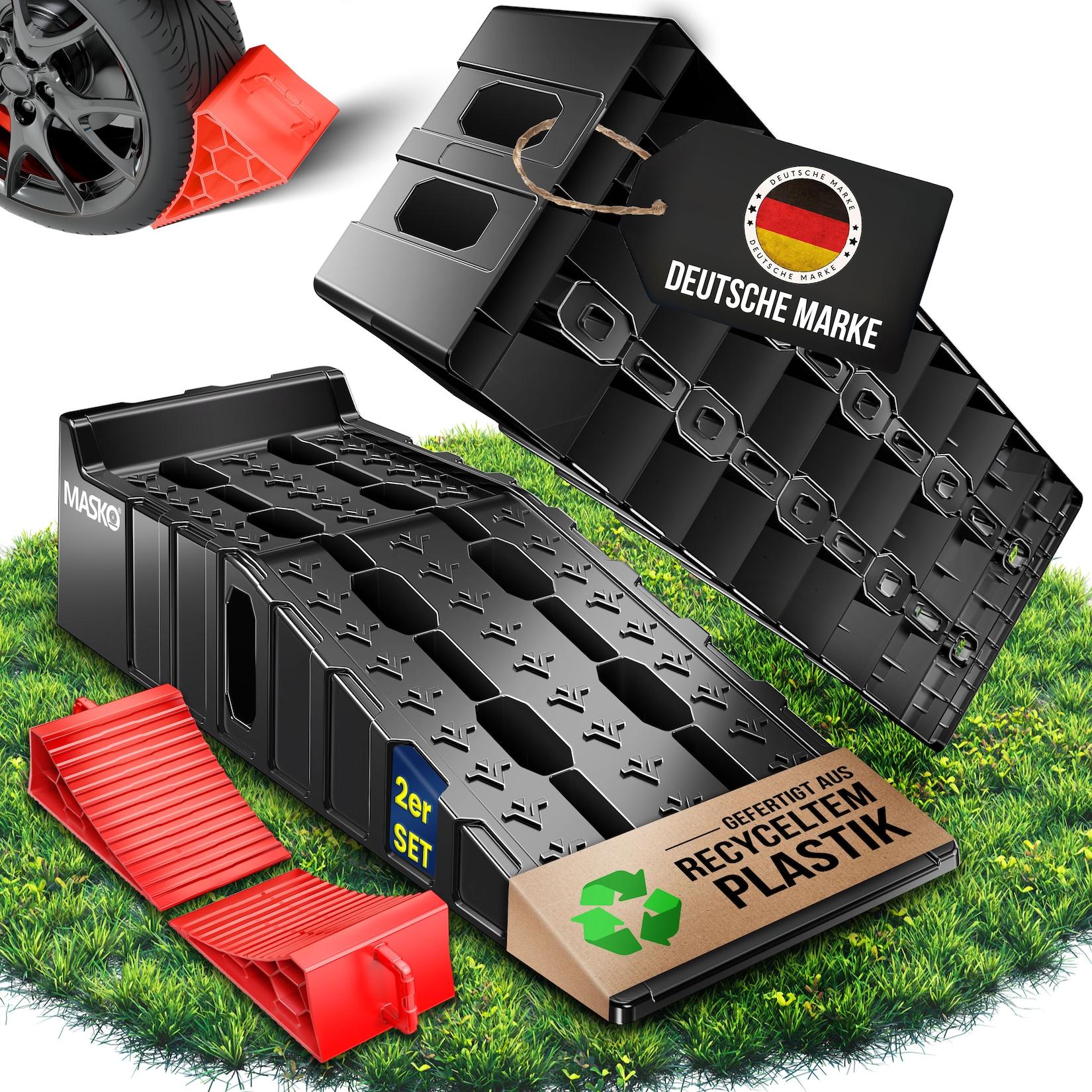 MASKO® Auffahrrampe 2er Set Auffahrkeile bis 5 t Traglast KFZ-Rampe mit Überfahrschutz Verladerampe rutschfest, robust und extra breit Garagenrampen Autorampe Ölwechsel und Reparatur