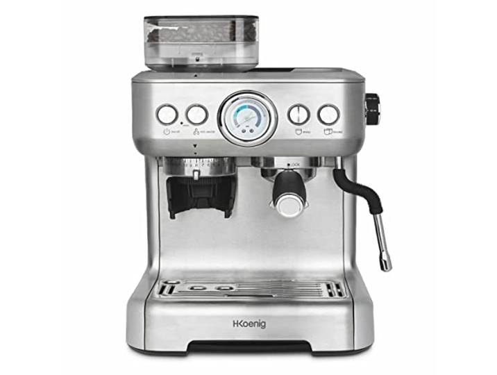 H.Koenig Espressomaschine mit Mahlwerk EXPRO980, 2,7L, 250g Bohnenbehälter, 15 Mahlgrade, Italienische Pumpe, Anpassbare Dosierung für 1 oder 2 Tassen, Thermoblock, Druck 20 bar
