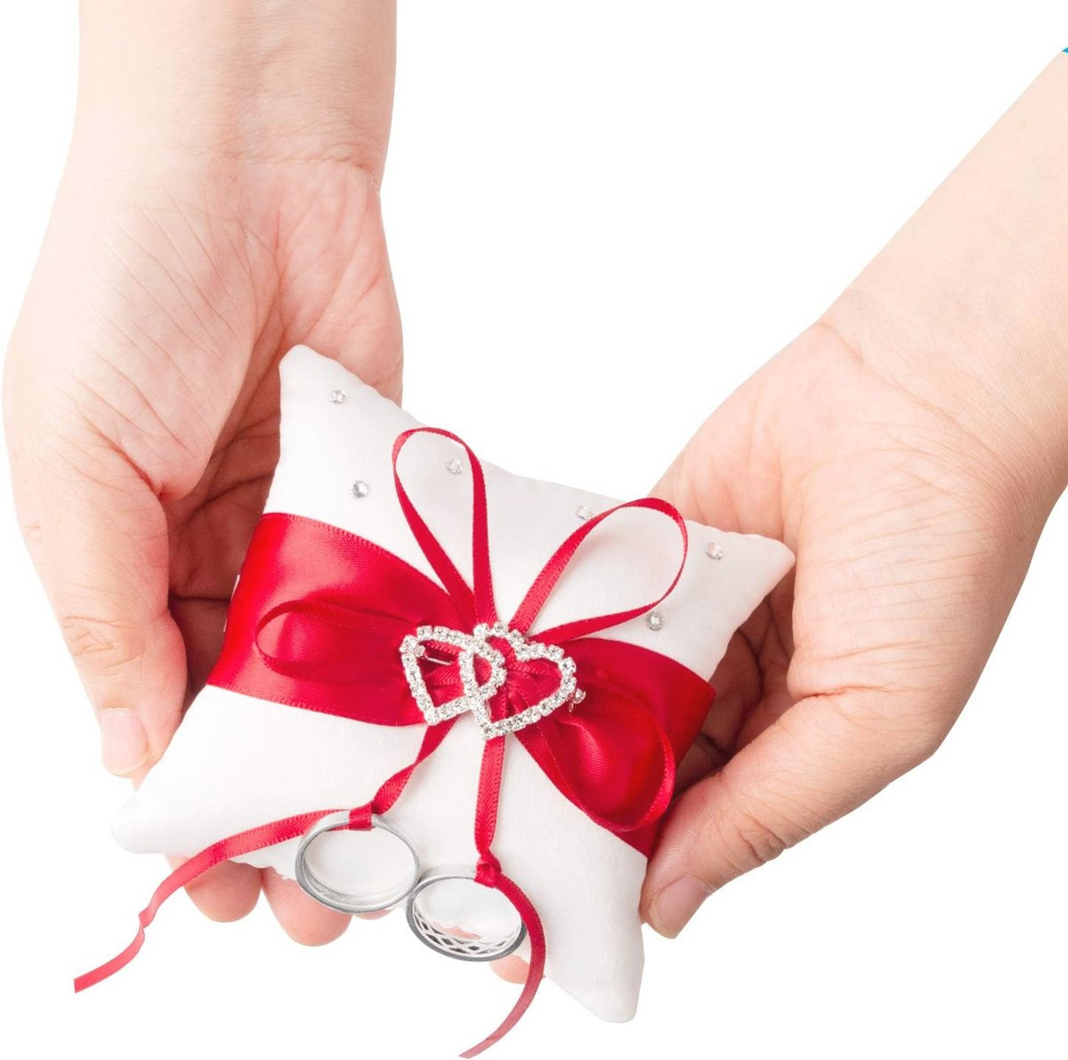 Rood trouwringkussen met dubbele harten voor bruiloften, 10 x 10 cm