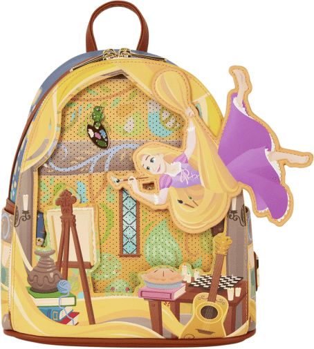 Loungefly Disney Tangled Rapunzel Glow Pin Trader Mini Backpack - Official Disney Licensed, Perforated Polyurethane, Glow-in-the-Dark, Enamel Pin, 9