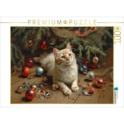 CALVENDO Puzzle Weihnachtszauber im Landhaus - Eine neugierige Katze zwischen Glanz und Scherben | 1000 Teile Lege-Größe 64x48cm Foto-Puzzle für glück