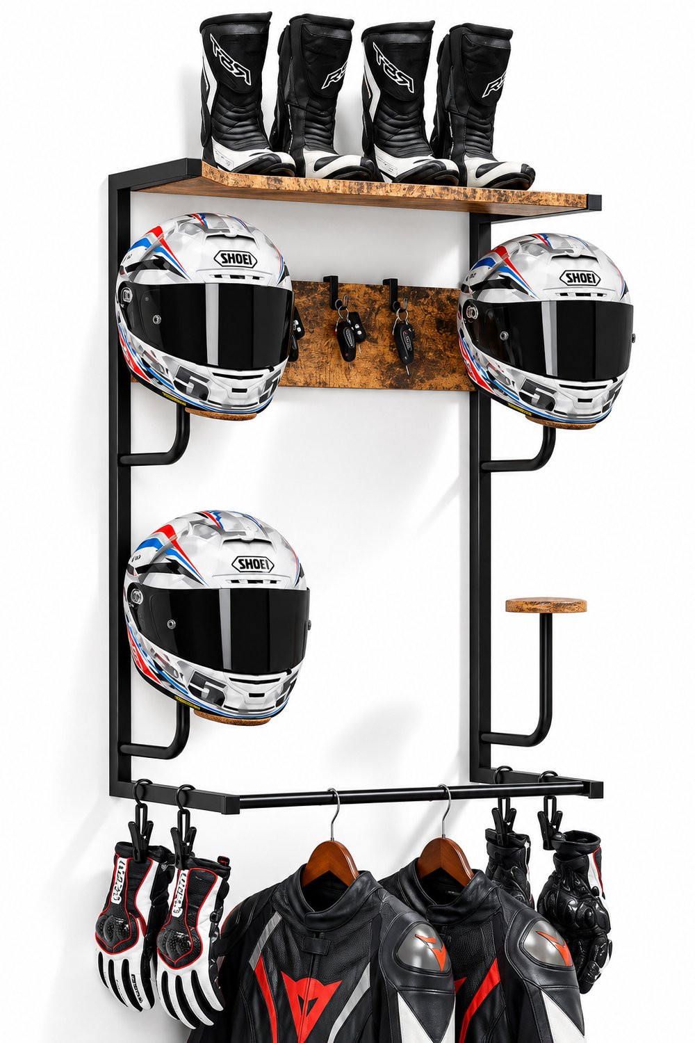 Kymmi Motorhelmhouder met 4 helmsteunen en ophanghaken - Wandmontage - Zwart/houtkleurig