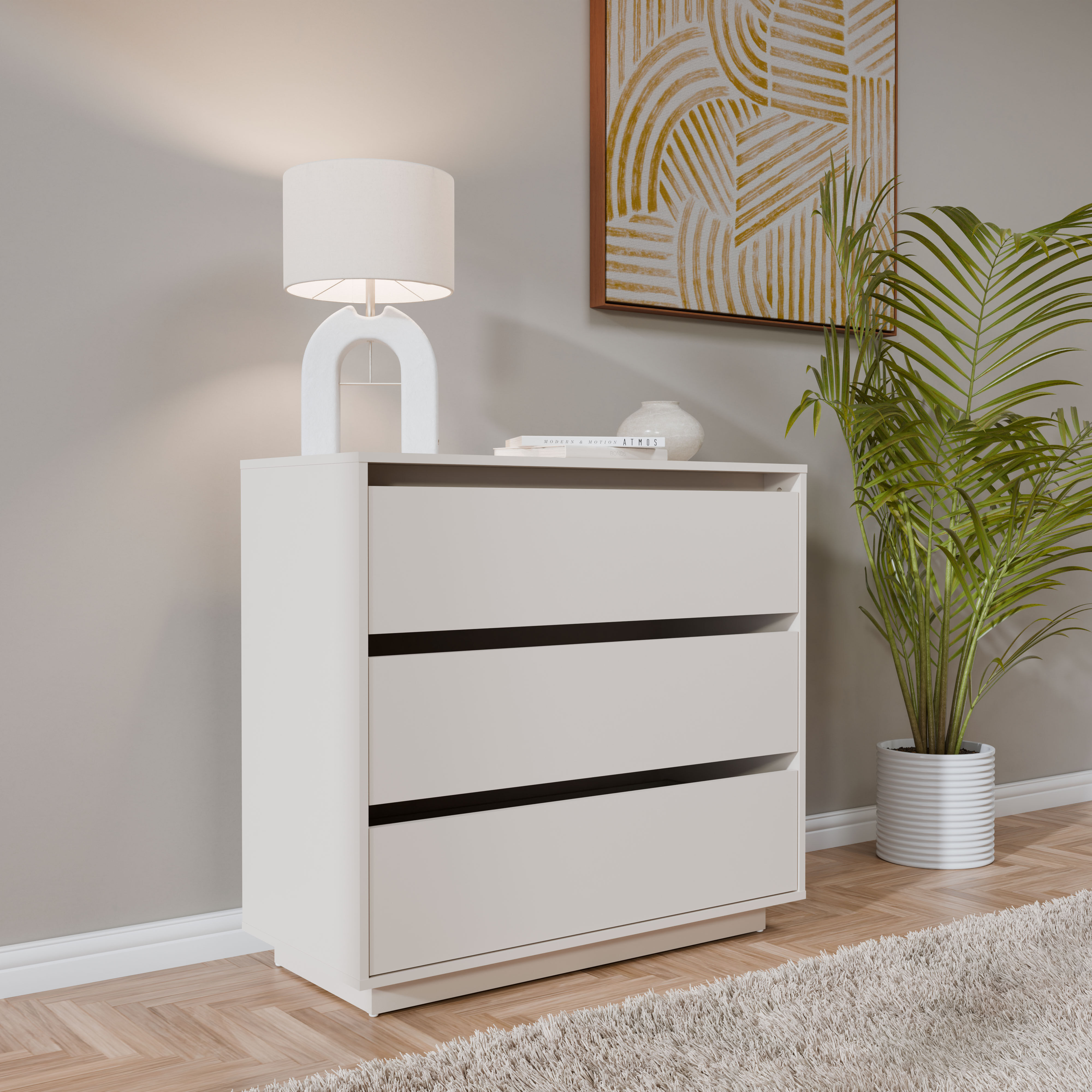 Kommode FORTE "Tahoe Kommode, 3 Schubkästen, grifflos, Stauraum", weiss (kashmir beige), B:93,5cm H:86,7cm T:41,4cm, Spanplatte, Sideboards, Kommode, B/H/T 93,5/86,7/41,4 cm viel Stauraum kashmir beige B/H/T: 93,5cm x 86,7cm x 41,4cm, 3 Stk.