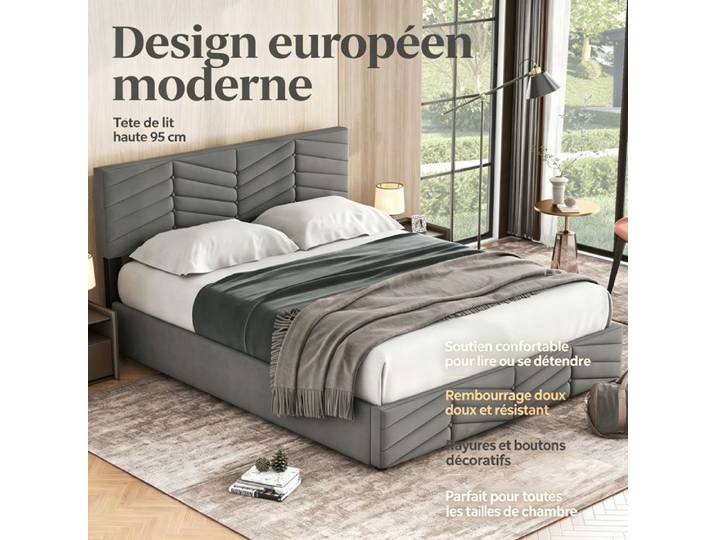 URTR Lit double capitonné coffre hydraulique velours rayé style continental tête réglable 140x200 cm élégant gris