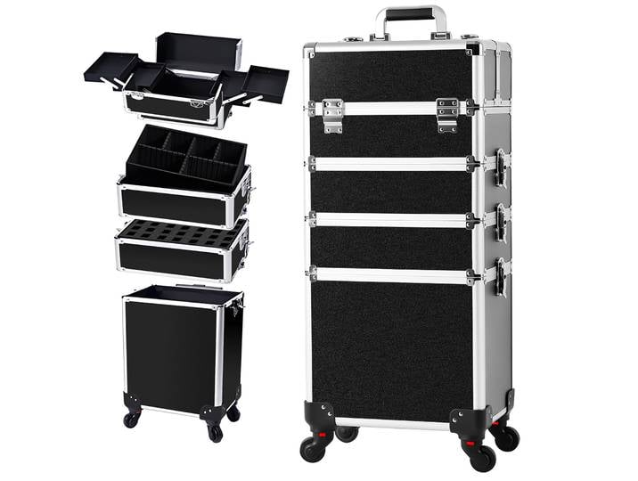 Trousse de maquillage haute 4 en 1, boîte de maquillage, chariot de beauté sur roulettes, étui de maquillage, boîte à roulettes, étui de technicien d'ongles