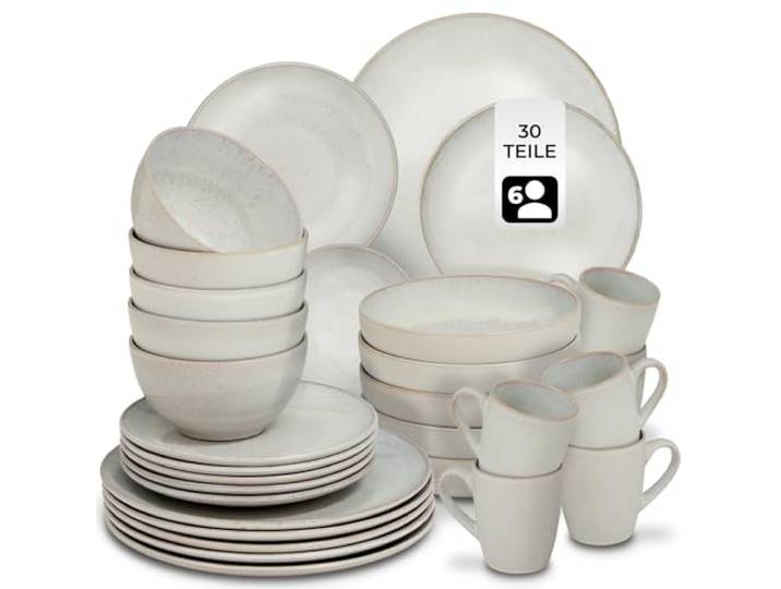 tectake® 30tlg. Kombiservice 6 Personen, Steingut Geschirrset 6 Personen, handgefertigtes Teller Set mit Schüsseln und Tassen, Geschirr Set spülmaschinen- und mikrowellengeeignet - North Beach