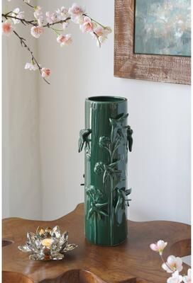 Kodotan sofa "D5.7x14.8"" Tall Green Ceramic Vase with Sculpted Birds and Vines Design"