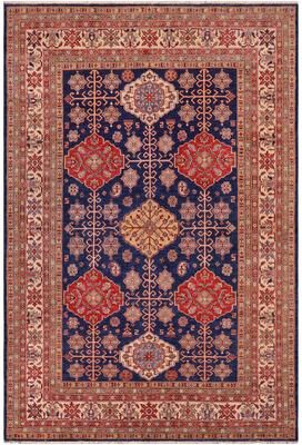 Treasured Knots Southwestern Super Kazak Wren Blue/Beige Hand Knotted Wool Rug - 7'10'' x 10'1''