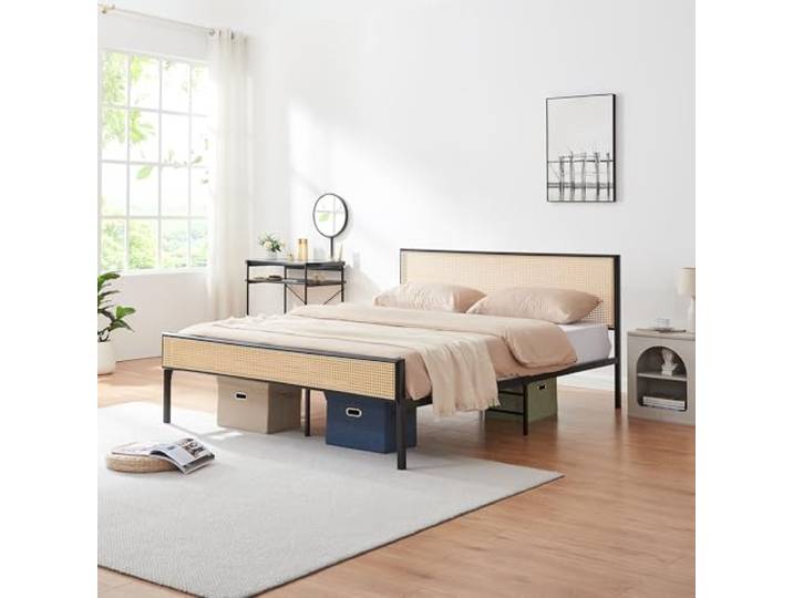 [en.casa] Bett Linköping 160 x 200 cm Bettgestell und Lattenrost Metallbett mit rechteckigem Kopfteil Doppelbett max. 300 kg Schwarz mit Rattanoptik