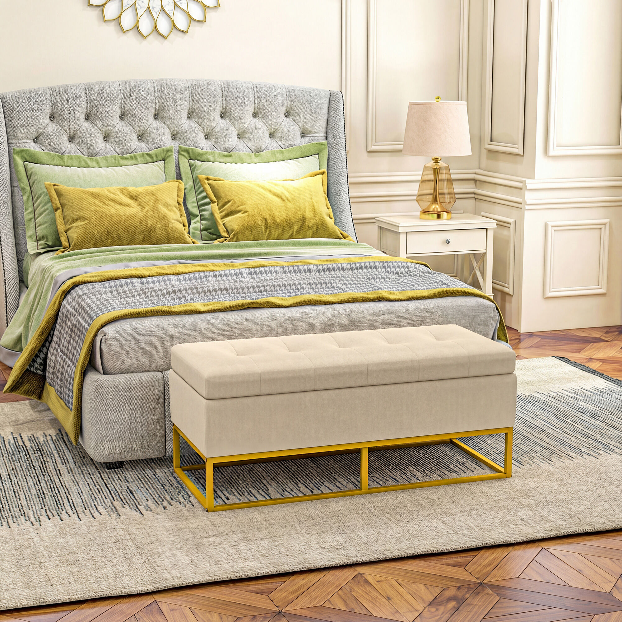 Altro Panca Contenitore Rettangolare Con Seduta Imbottita E Gambe In Acciaio, 110x44x49 Cm, Beige