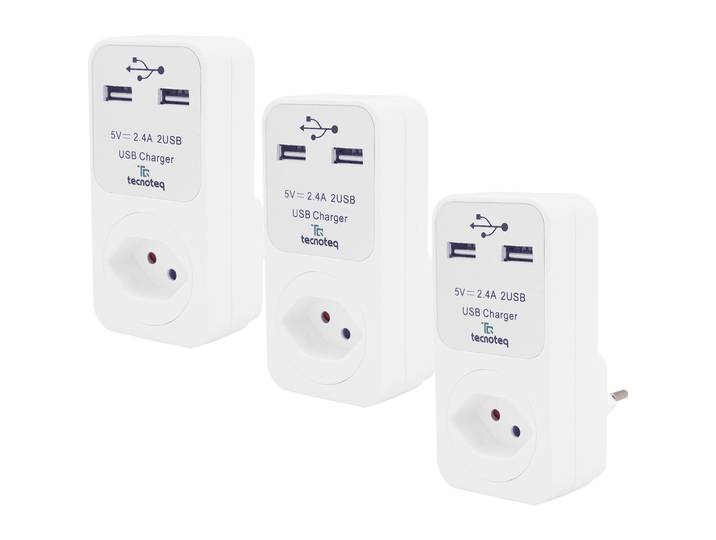 3er-Set Steckdose mit 2x USB-Ladeport 2.4A Überspannungsschutz, Swiss-Edition