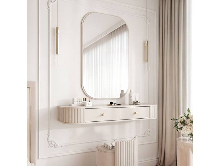 Coiffeuse mural OVALINE - avec miroir ovale - 2 tiroirs - 123x36x17 5 cm - Beige