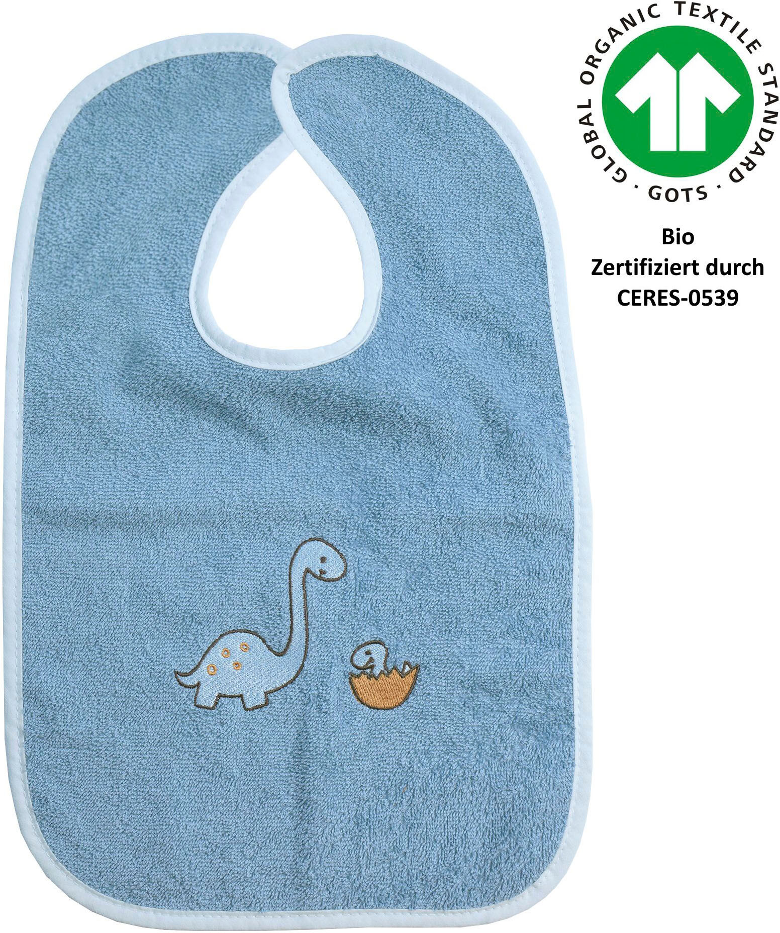 Lätzchen WÖRNER "Dinofamilie", Baby, blau (stahlblau), Baumwolle, Lätzchen, Biobaumwolle, mit Klettverschluss, maschinenwaschbar