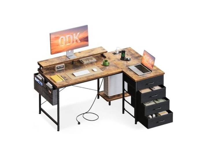 Bureau d'angle avec 4 Tiroirs 140x80cm Bureau en L avec Prise de Charge USB et Prise de Courant Table Informatique Réversible