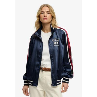 Blouson SUPERDRY "SUIKA TRACK JACKET", Damen, Gr. XS, blau (richest navy), Web, Obermaterial: 100% Polyester, leicht glänzend, oversize normal, Jacken Blouson, Kunstfaser, oversize