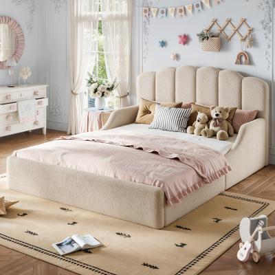 GREATPLANINC Kids Platform Bed Teddy Upholstered Floor Bed with Scalloped Headboard