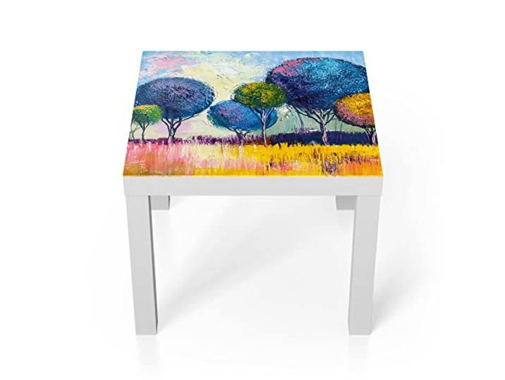 DEQORI Glastisch weiß klein 55x55 cm Motiv Kugelförmige Bäume ausgefallener Beistelltisch aus Glas Hochglanz Couchtisch fürs Wohnzimmer moderner Couch Tisch mit Design