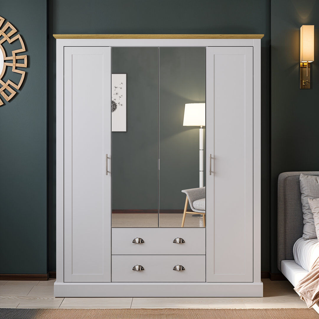 August Grove Sufy Benniton 4 Door 2 Drawer Wardrobe With Mirror White 181.3cm H X 145.6cm W X 56.3cm D