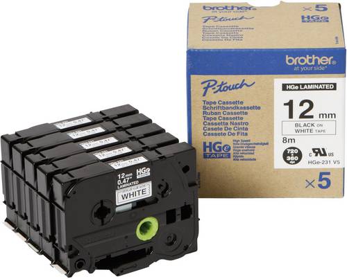 Brother HGe-231V5 Schriftband 5er Set Bandfarbe: Weiß Schriftfarbe: Schwarz 12mm 8m