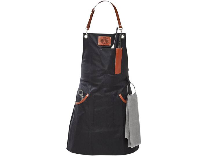 Grillschürze GEFU BBQ , schwarz (schwarz, braun, silberfarben), B:65cm L:90cm, gewirkt, Baumwolle, Schürzen, Grillschürze, Lederapplikation