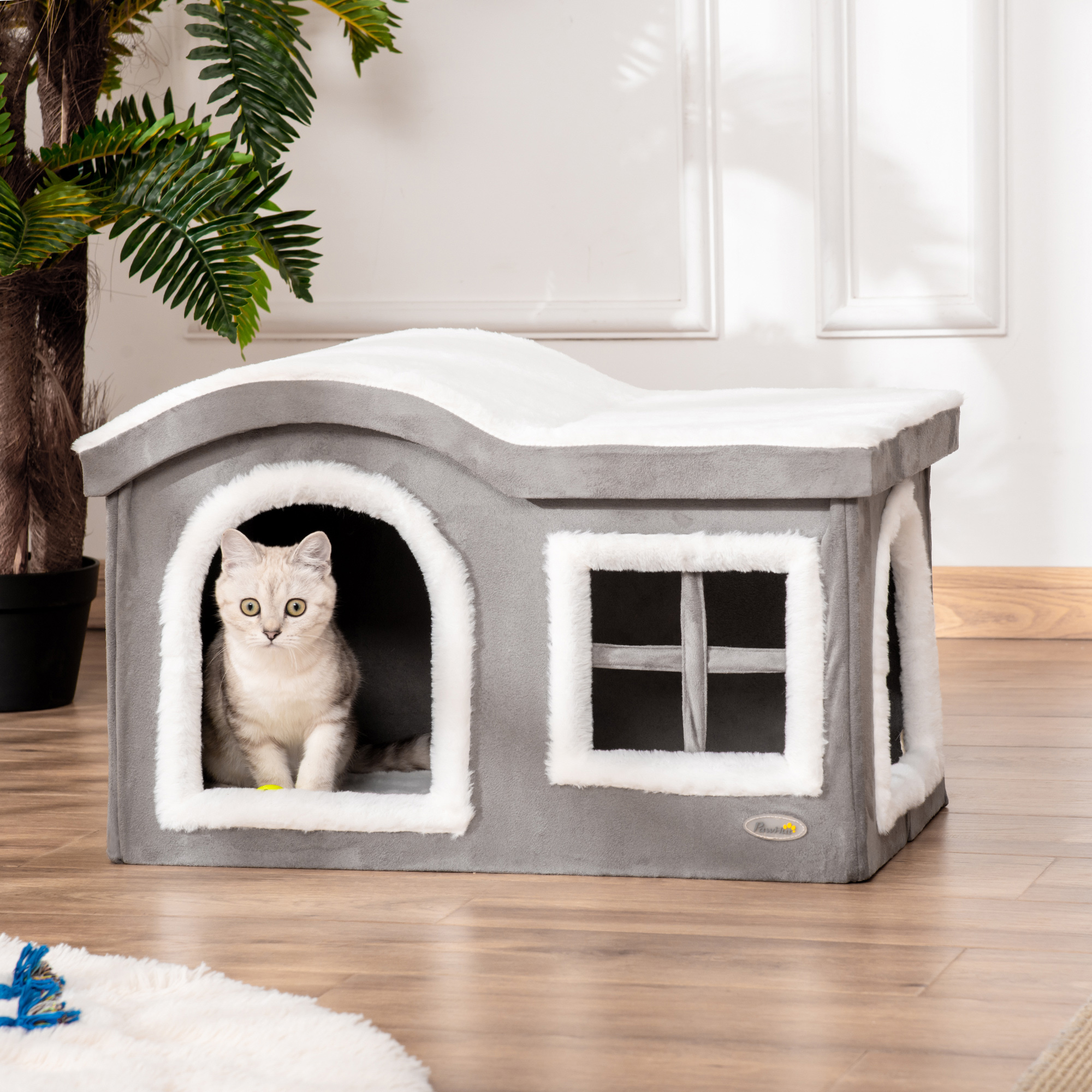 Pawhut Casetta per Gatti da Interno con 2 Entrate e Finestra, Cuscino e Base Antiscivolo, 63.5x37x40cm, Grigio   Aosom Italy