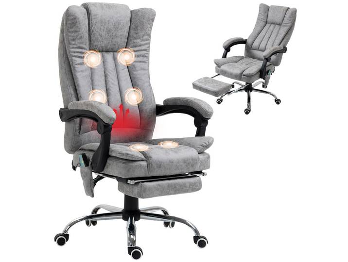 Vinsetto Bürostuhl Massagesessel Heizfunktion Liegefunktion Fußstütze Grau, Textil, 67x113x62 cm, Büromöbel, Bürostühle, Drehstuhl