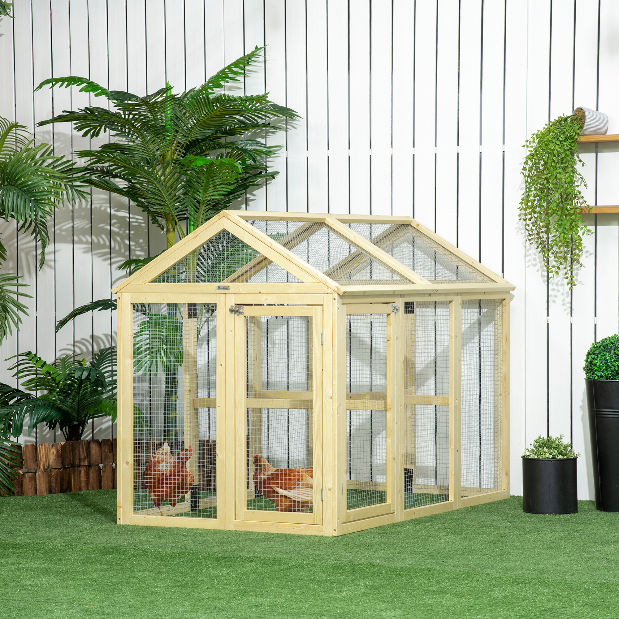 Pawhut Recinto per Galline all'Aperto in Legno con Porte Multiple e Rete in Metallo, 140x88.5x106 cm, color Legno   Aosom Italy