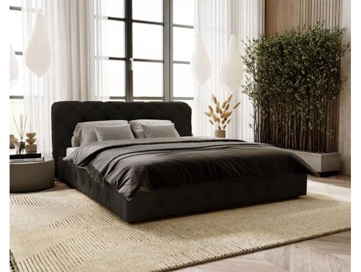 Emporius Polsterbett 160x200 Alise, Glamour Stil, Schlafzimmer - Doppelbett mit Bettkasten, Lattenrost - Velvet (Schwarz - Amor Velvet 4322)