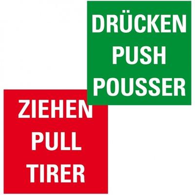 Aufkleber I Türhinweis Drücken/Ziehen, dreisprachig, grün/rot, Folie, selbstklebend, 80x80mm
