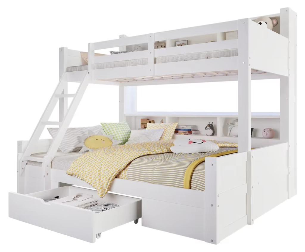 Etagenbett - Bettgestell 140 × 200 cm - Leiter - Sicherheitsgitter - Offene Fächer - Schublade - Weiß