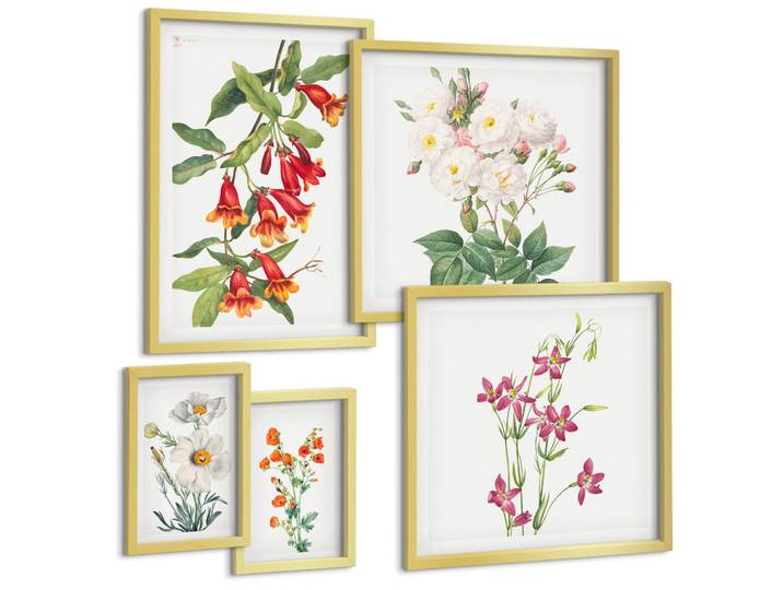 Tulup Bilder SET 5er Set - 50x50 cm & 20x30 cm & 40x60 cm Goldrahmen - Retro-Blumenmalerei, Goldfarben, Kunststoff, Rechteckig, 40x60 cm, Fotografie, Bilder & Rahmen, Bilder