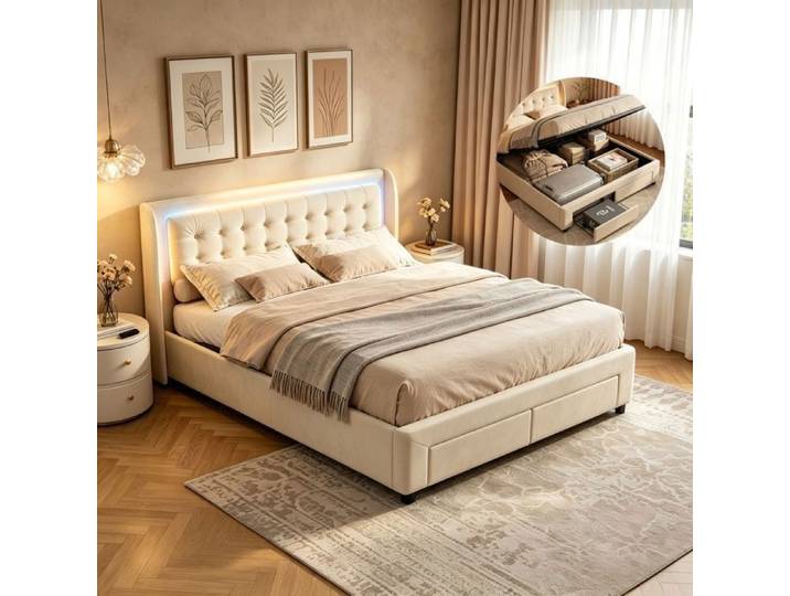 Lit 140x190 cm lit 140x190 avec sommier lit coffre 140x190 lit double LED 6 couleurs tissu en velours beige