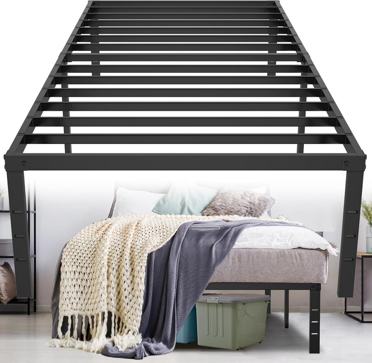 Effen Zwart Metalen Bedframe 90x200 cm - Hoog Platformbed met Veel Opbergruimte