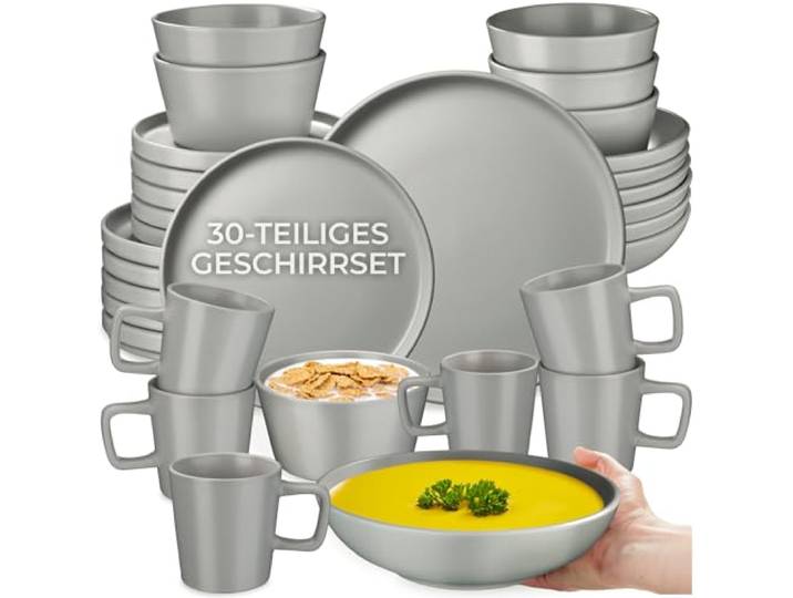 tectake® 30-tlg. Kombiservice, Geschirrset, Tafelservice 6 Personen, Steingut Geschirr Set, Teller Set mit Schalen, Kaffeetassen, Speiseteller, Frühstücksteller, tiefe Teller und Schüsseln - grau