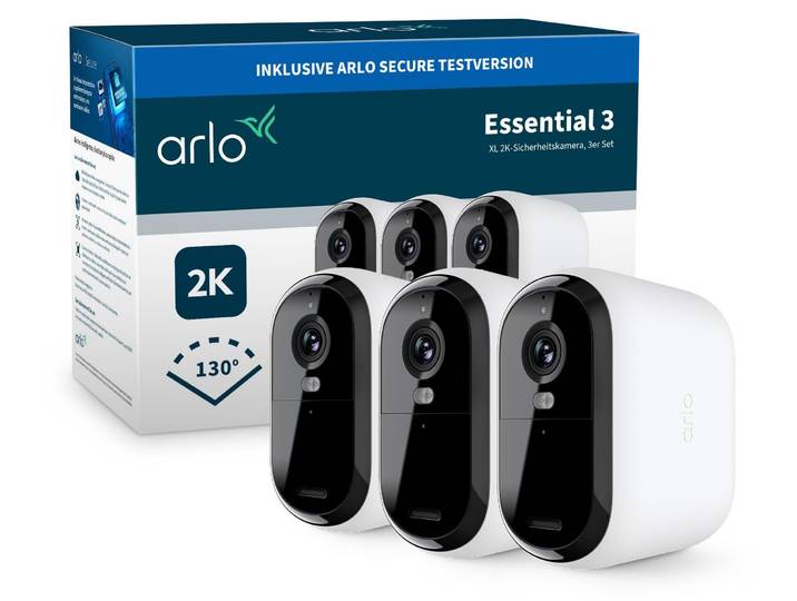 Arlo Essential 3 XL Caméra de sécurité 2K\, Lot de 3\, Caméra de sécurité IP\, Intérieur & Extérieur\, Câblé & Sans fil\, IP65\, Plafond/Mur\, Blanc