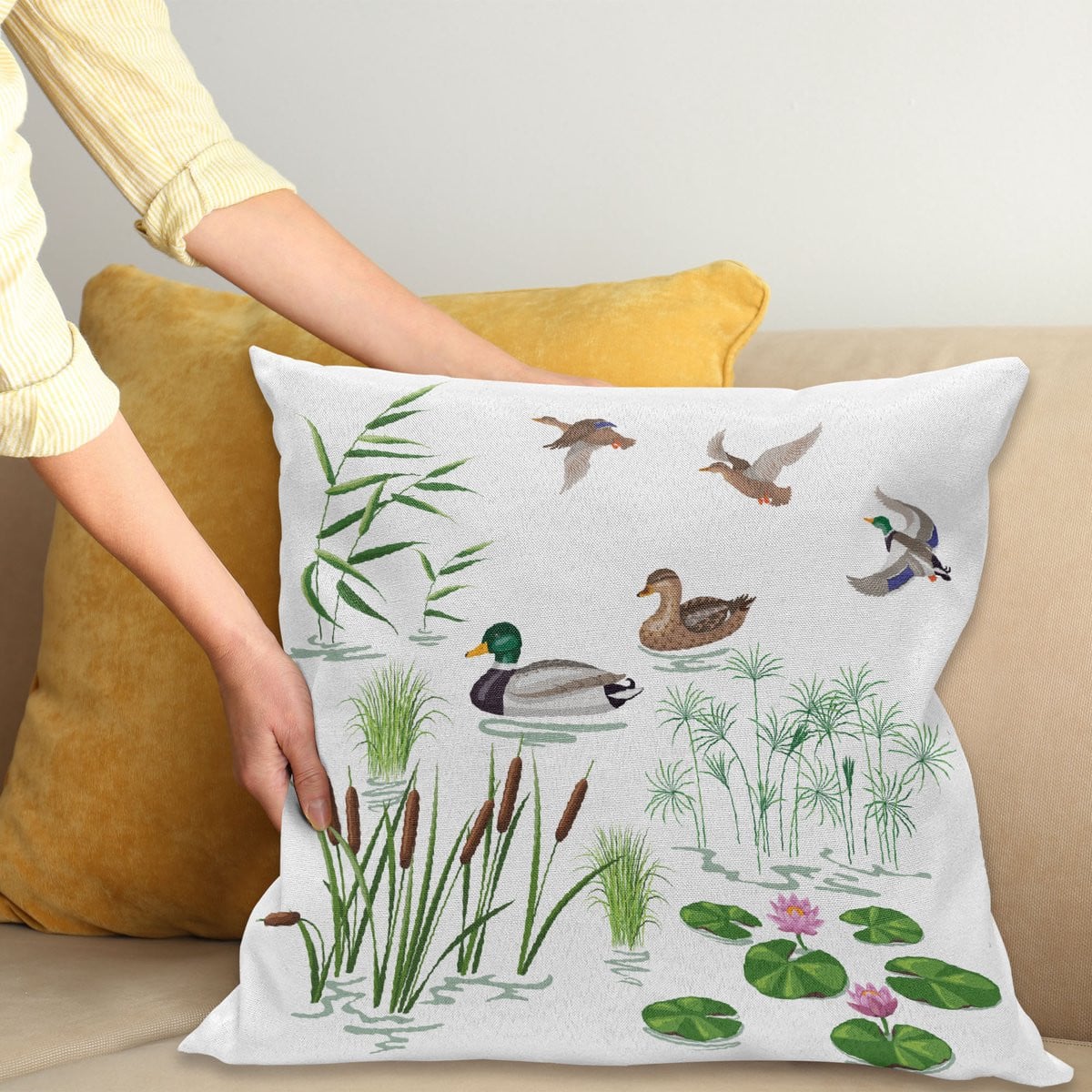 ABAKUHAUS Ente Kussenhoes met Dieren en Planten, Wit Groen, 45 x 45 cm