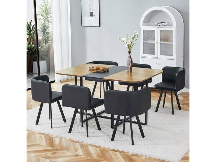 Ensemble table et chaises - ZEVKOR - Extensible 4–6 pers - Chaises escamotables - Plateau bois structure métal